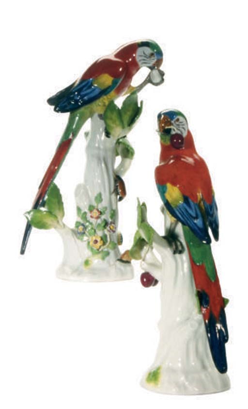 TWO GERMAN PORCELAIN MODELS OF PARROTS,