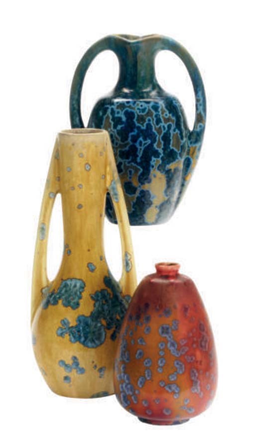 TWO CONTINENTAL CRYSTALINE GLAZED POTTERY PITCHER AND TWO VASES,