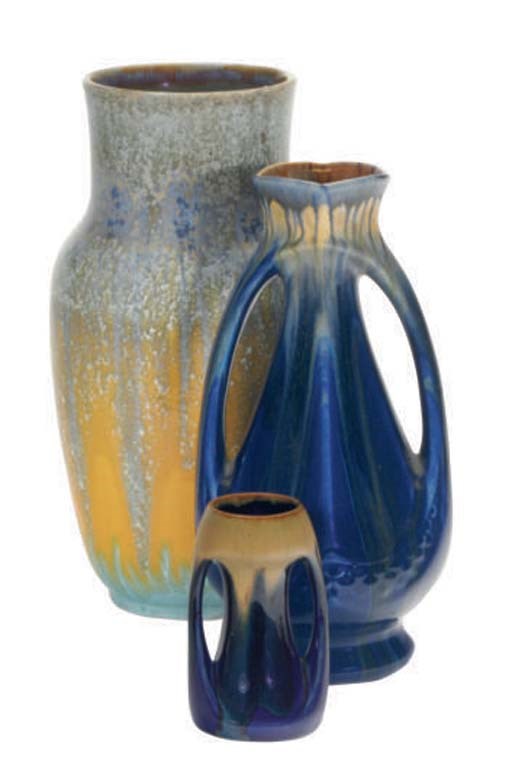 A GROUP OF THREE PAIRS OF CONTINENTAL CRYSTALLINE GLAZED VASES,