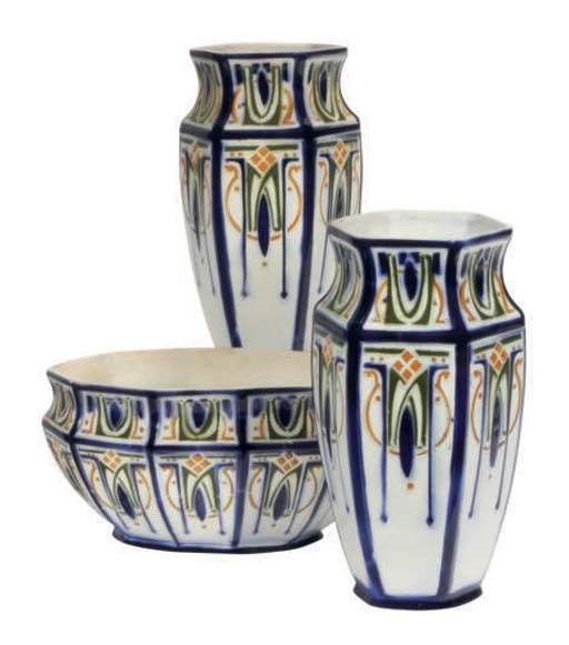 A FRENCH FAIENCE ART NOUVEAU THREE PIECE GARNITURE,