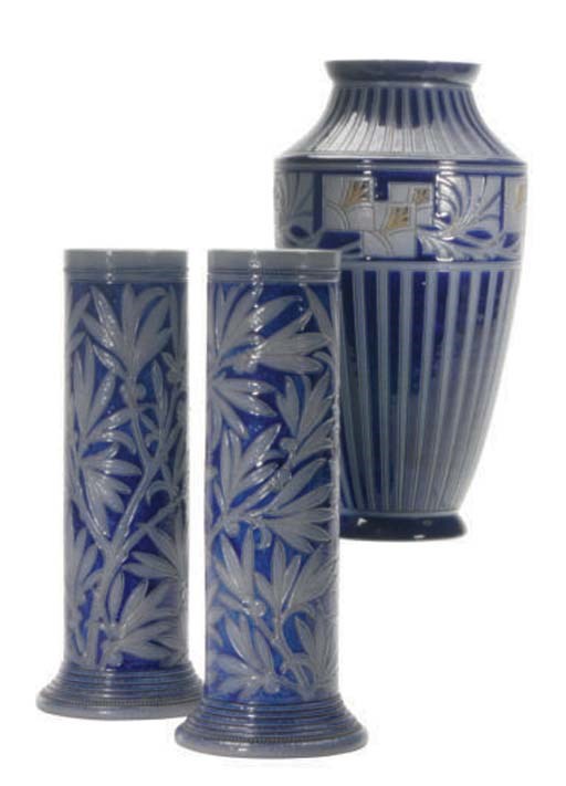 A FRENCH BLUE-GLAZED STONEWARE BALUSTER VASE AND TWO BEAKER VASES,