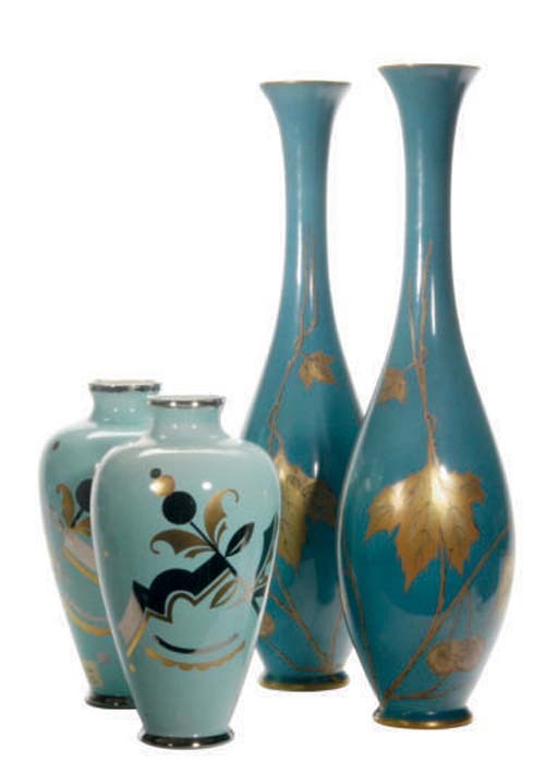 A PAIR OF FRENCH TURQUOISE CRACKLE GLAZED MALLET-SHAPED VASES AND A PAIR OF ROBIN'S EGG CRACKLE GLAZED BALUSTER VASES,