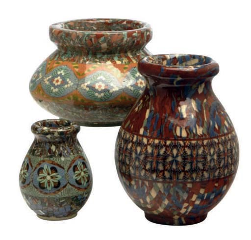 A GROUP OF FIVE FRENCH MOSAIC-WARE VASES AND A BOWL,