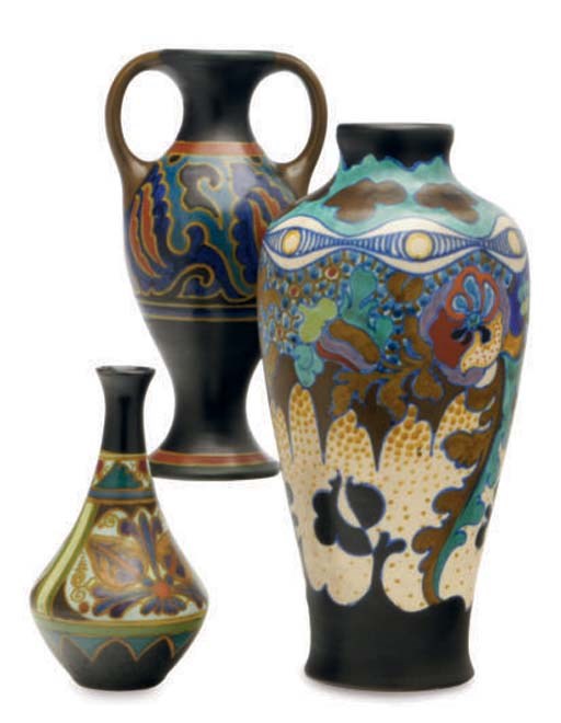 THIRTEEN DUTCH POTTERY VASES AND A BELGAIN POTTERY PITCHER,