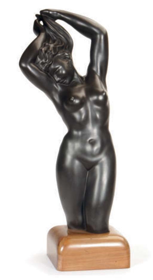 A FRENCH BRONZE-GLAZED EARTHENWARE MODEL OF FEMALE NUDE,