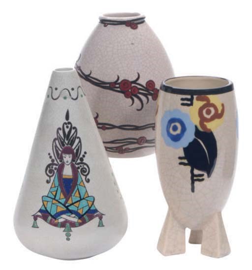 A GROUP OF TEN CONTINENTAL FAIENCE CRACKLE GLAZED VASES,