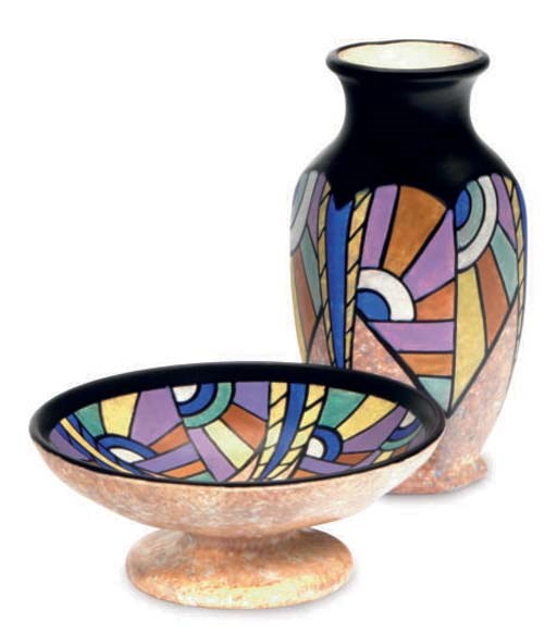 A FRENCH FAIENCE HEXAGONAL VASE AND FOOTED BOWL,