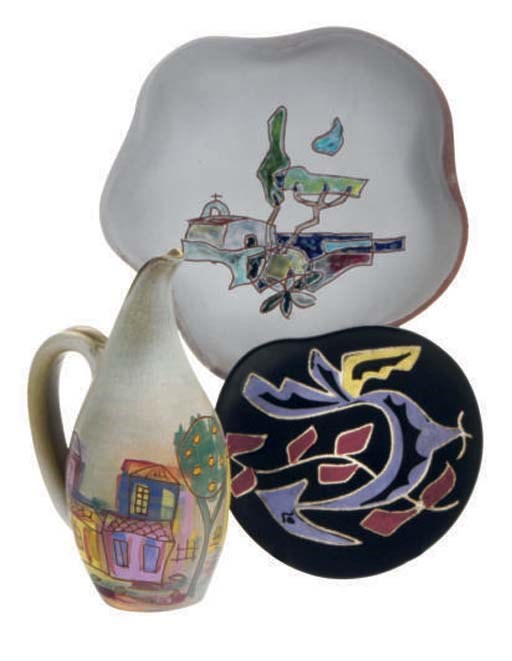 THREE FRENCH GLAZED EARTHENWARE PLATES AND A PITCHER,