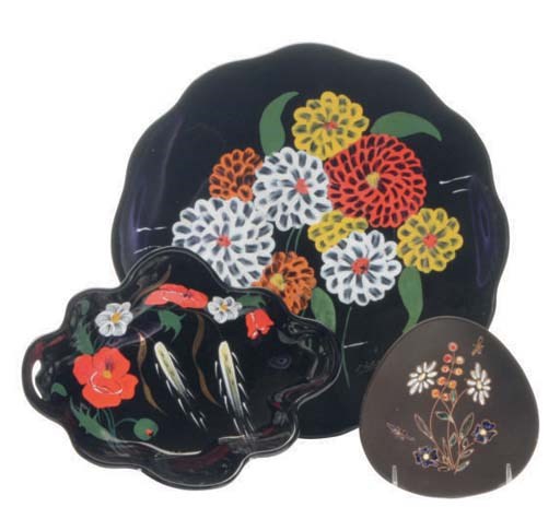 THREE FRENCH BLACK GLAZED FAIENCE DISHES,