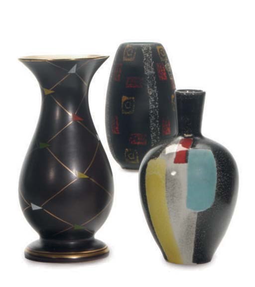 FIVE CONTINENTAL GLAZED POTTERY VASES AND A DISH,