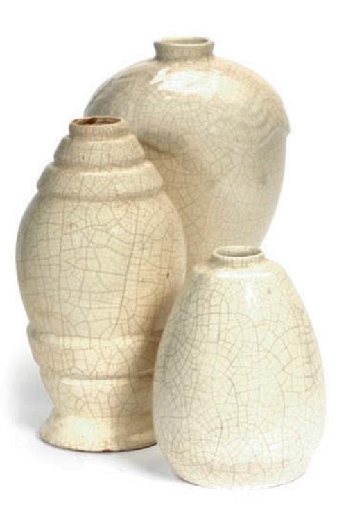 A GROUP OF EIGHT FRENCH CRACKLE GLAZED VASES,