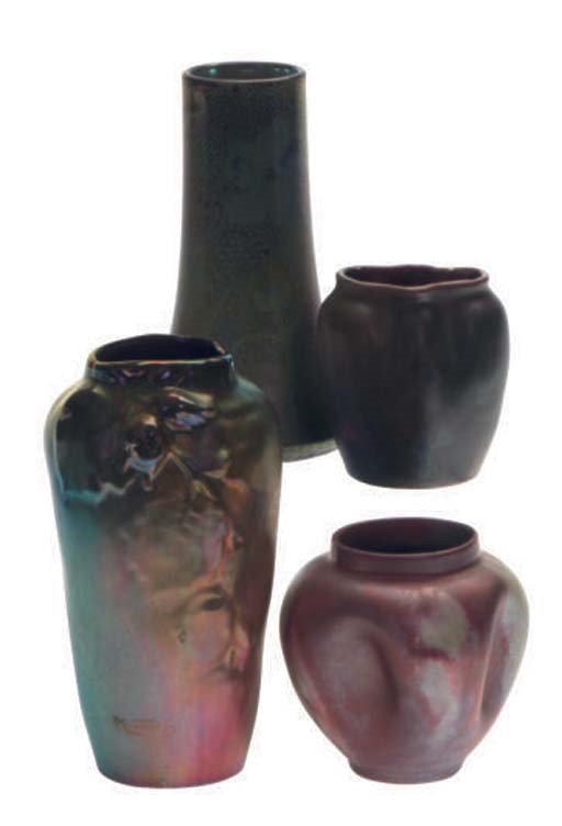 A GROUP OF SEVEN CONTINENTAL IRRIDESCENT-GLAZED CERAMIC VASES,
