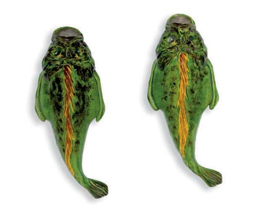 A PAIR OF CHINESE CERAMIC FISH WALL POCKETS,