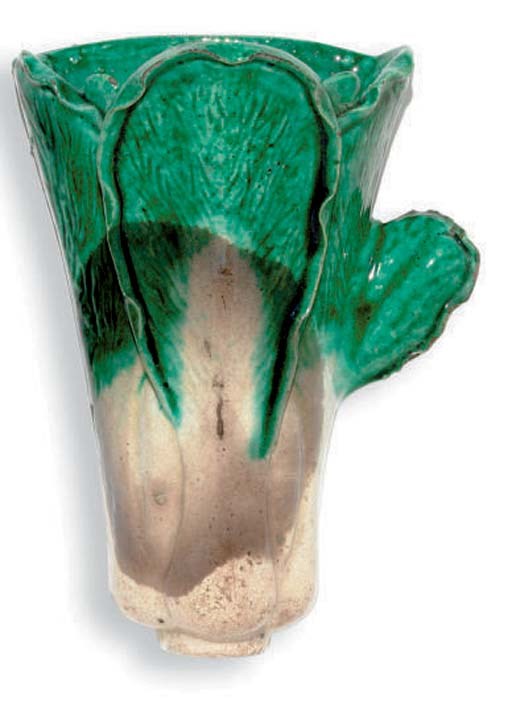 A CHINESE CERAMIC CABBAGE WALL POCKET,