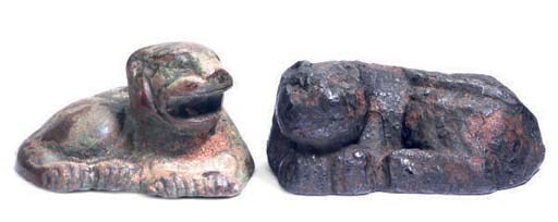 TWO CHINESE BRONZE TIGER-FORM WEIGHTS,