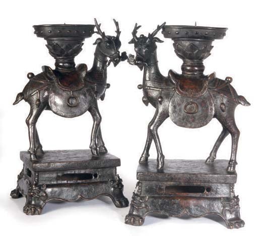 A PAIR OF CHINESE BRONZE DEER-FORM PRICKET STICKS,