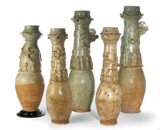 FIVE CHINESE POTTERY FUNERARY JARS,