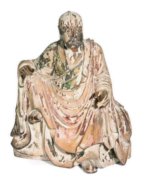 A CHINESE POLYCHROME FIGURE OF A SEATED LOUHAN,