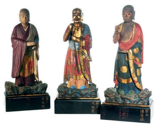 THREE JAPANESE POLYCHROME WOOD FIGURES OF ASCETICS,