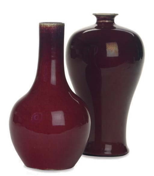 A CHINESE FLAMBE GLAZED MEIPING VASE AND PEAR-FORM VASE,