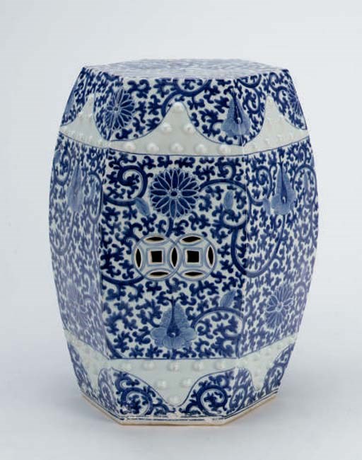 A PAIR OF CHINESE BLUE AND WHITE HEXAGONAL GARDEN SEATS,
