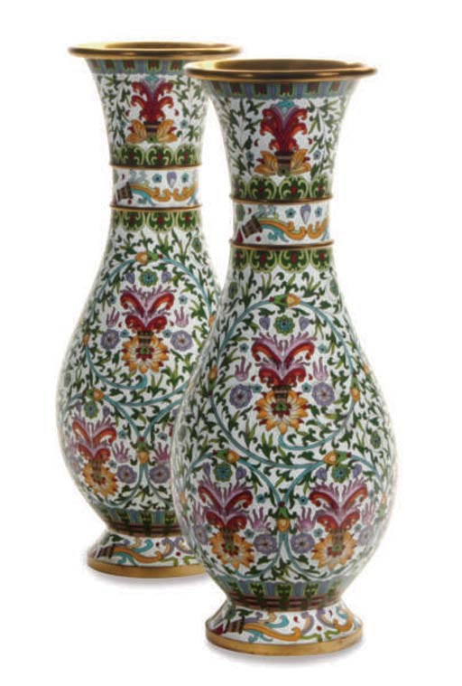 A PAIR OF CLOISONNÉ ENAMELED PEAR-FORM VASES,