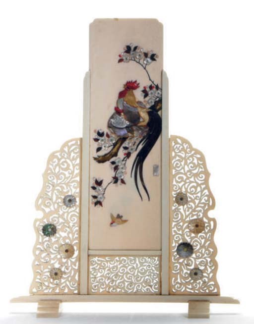 A JAPANESE SHIBAYAMA STYLE IVORY TABLE SCREEN MOUNTED WITH CORAL AND HARDSTONES**,
