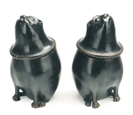A PAIR OF JAPANESE BRONZE ANIMAL-FORM CENSERS AND COVERS,