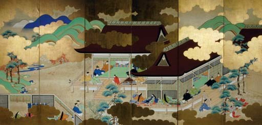 A JAPANESE PAPER SCREEN PAINTED WITH SCENES FROM THE 'TALES OF GENJI,'