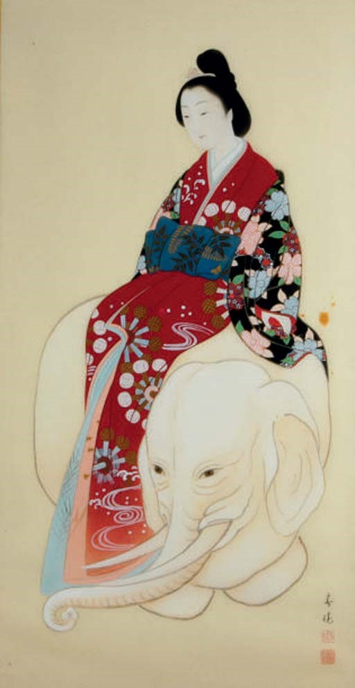 A JAPANESE PAINTING ON SILK OF A COURTESAN IN A PARODY OF BUDDHIST DEITY,
