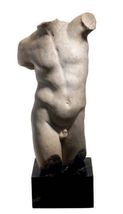 A CLASSICAL STYLE MARBLE MALE TORSO,