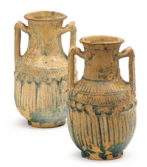 TWO PARTHIAN GREEN-GLAZED POTTERY AMPHORE,