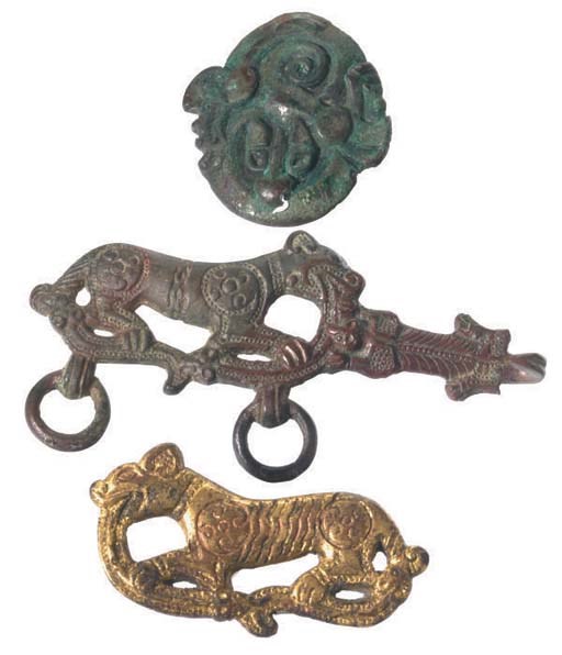 THREE BRONZE ORNAMANENTS,