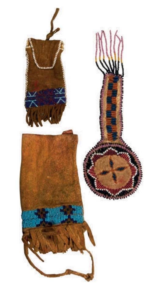 THREE PLAINS BEADED HIDE POUCHES