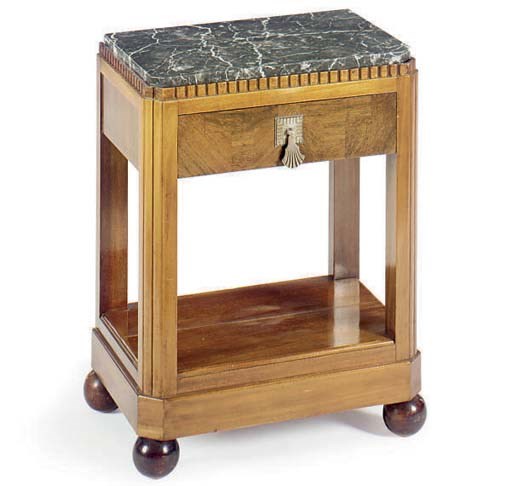 A PAIR OF ART DECO WALNUT MARBLE TOP BEDSIDE TABLES,