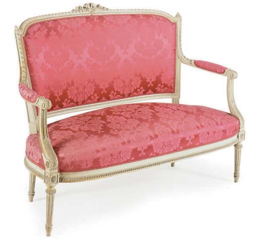 A FRENCH GREY PAINTED AND DAMASK UPHOLSTERED THREE PIECE SALON SUITE,