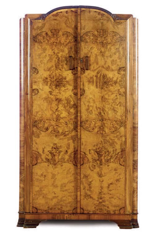 AN ART DECO BURR WALNUT DOUBLE-DOOR ARMOIRE,