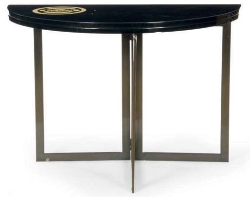 A BLACK LACQUER DEMILUNE TABLE ON METAL BASE,