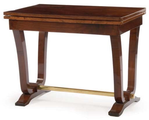 A ROSEWOOD, MAHOGANY, AND BRASS FOLD AND SWIVEL-TOP WORK TABLE**,