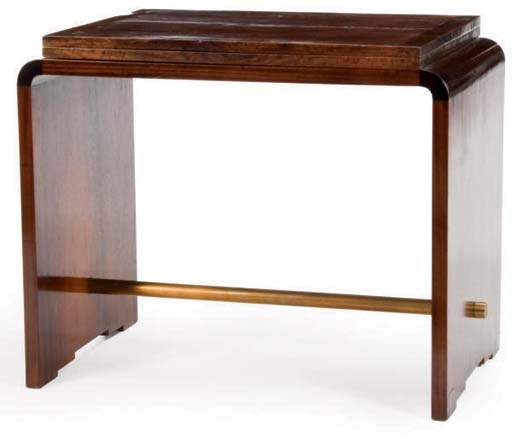 AN ART DECO MAHOGANY, WALNUT BANDED, AND BRASS FOLD-TOP SWIVEL WORK TABLE,