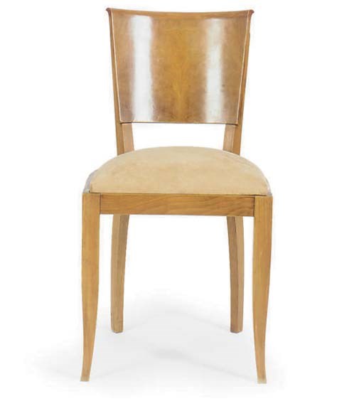 A SET OF SIX ART DECO STYLE WALNUT DINING CHAIRS,