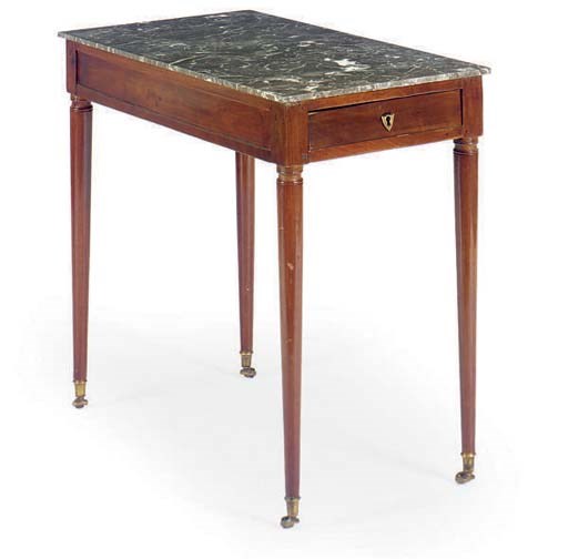 A FRENCH MAHOGANY MARBLE TOP SIDE TABLE,