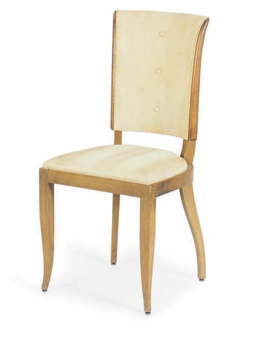 A SET OF SIX ART DECO LEATHER UPHOLSTERED WALNUT DINING CHAIRS,