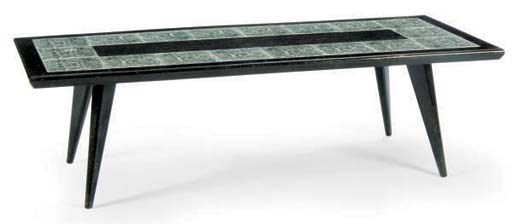 A BLACK AND WHITE TILE INSET EBONISED OAK LOW TABLE,