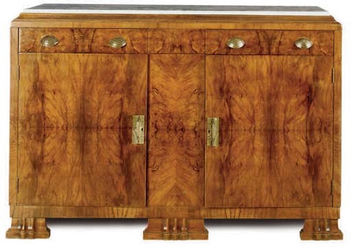 AN ART DECO WHITE MARBLE TOP WALNUT SIDEBOARD,