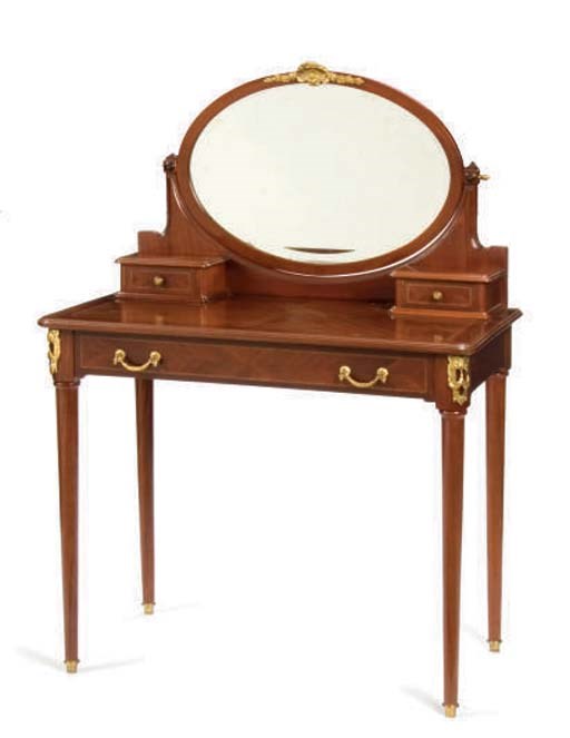 A FRENCH GILT METAL-MOUNTED MAHOGANY MIRRORED DRESSING TABLE,