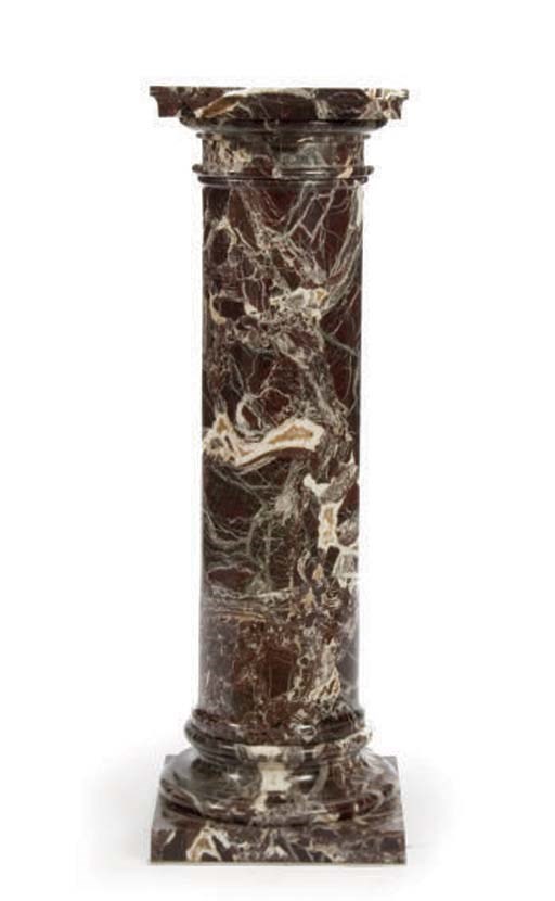A RED, WHITE AND GREY VEINED MARBLE COLUMNAR FORM PEDESTAL,