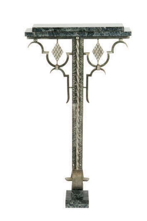 A WROUGHT IRON AND MARBLE TOP CONSOLE TABLE WITH MATCHING MIRROR,