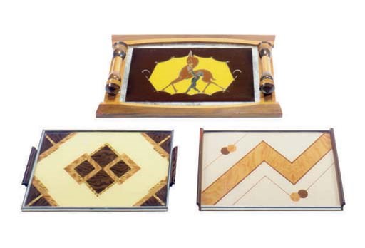 A GROUP OF THREE ART DECO WOOD AND LUCITE TRAYS,
