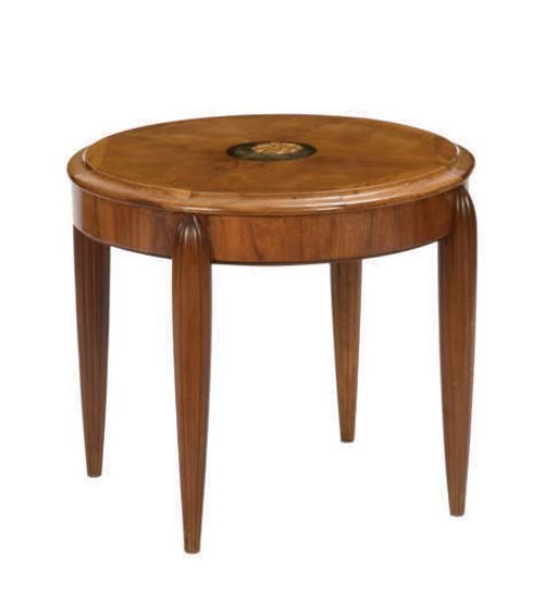 A FRENCH ART DECO MOTHER OF PEARL INLAID EBONISED WALNUT CIRCULAR LOW TABLE,